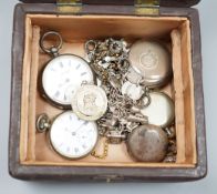 Two silver open face pocket watches, one other nickel cased pocket watch, two fob watches and
