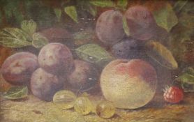 George Clare (British, 1830-1900) Still life of plums, gooseberries, a peach and a raspberry,