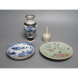 A Chinese export blue and white dish, 13cm, similar vase, a miniature crackle ware vase and a