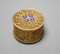 A late 19th/early 20th century Portuguese gilt white metal filigree and two colour enamel circular