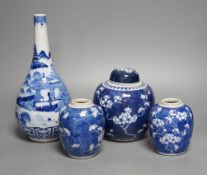 A Chinese blue and white vase and 3 graduated blue and white ginger jars,Vase25 cms high.