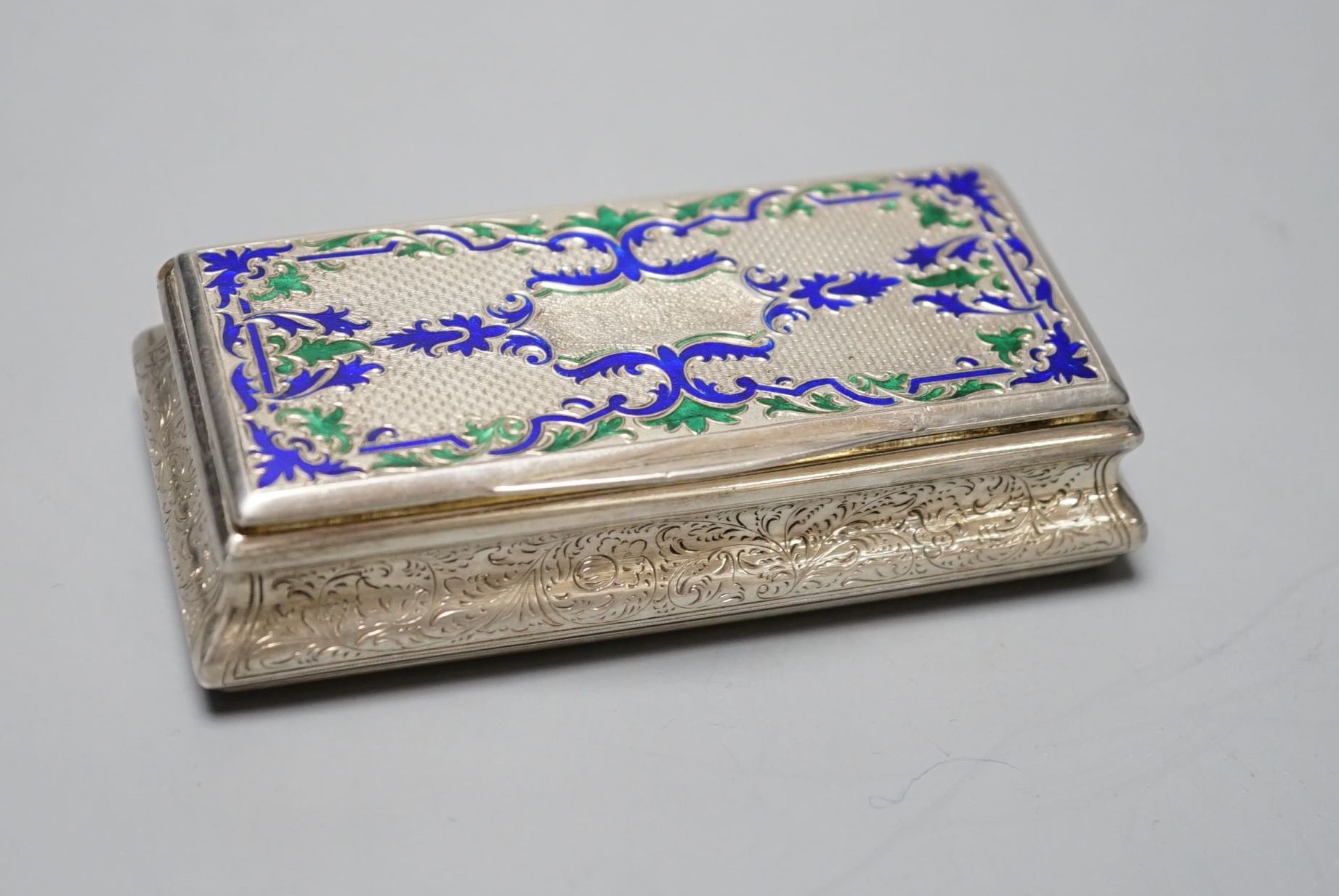 A 19th century Austro-Hungarian white metal and two colour enamel snuff box, with interior