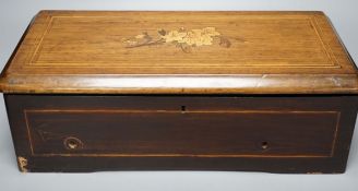 A 19th Century Swiss cylinder music box, in inlaid case, 15 x 43cm