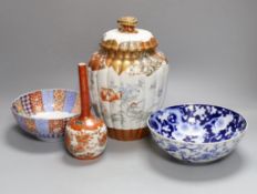 A Japanese kutani bottle vase, similar vase and cover (a.f), an Imari bowl and blue and white