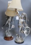 A pair of silvered metal cherub lamps in dancing pose bearing torch lamp, signed L. Gregoire