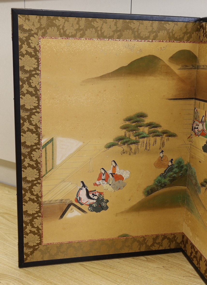 A 19th century Japanese four-leaf painted screen, later mounted, 216cm long - Image 2 of 5