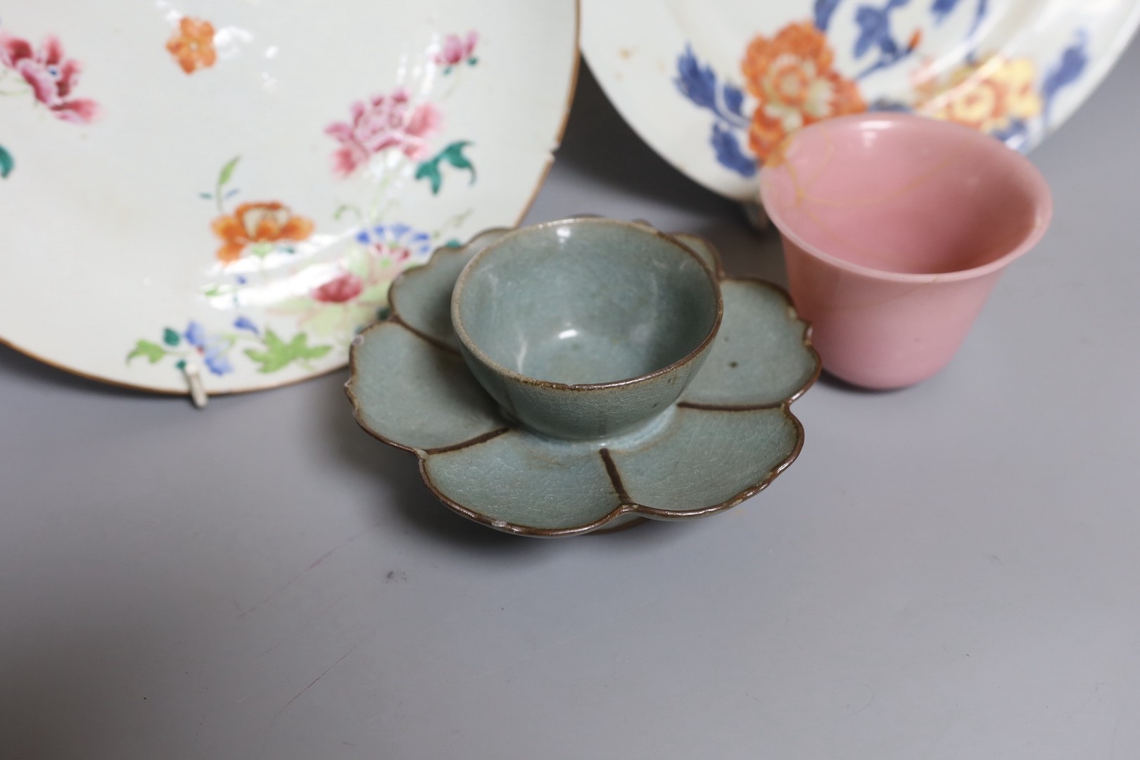 An 18th century Chinese famille rose dish, crackle-glaze stem cup, Beijing glass tea bowl and a - Image 2 of 5