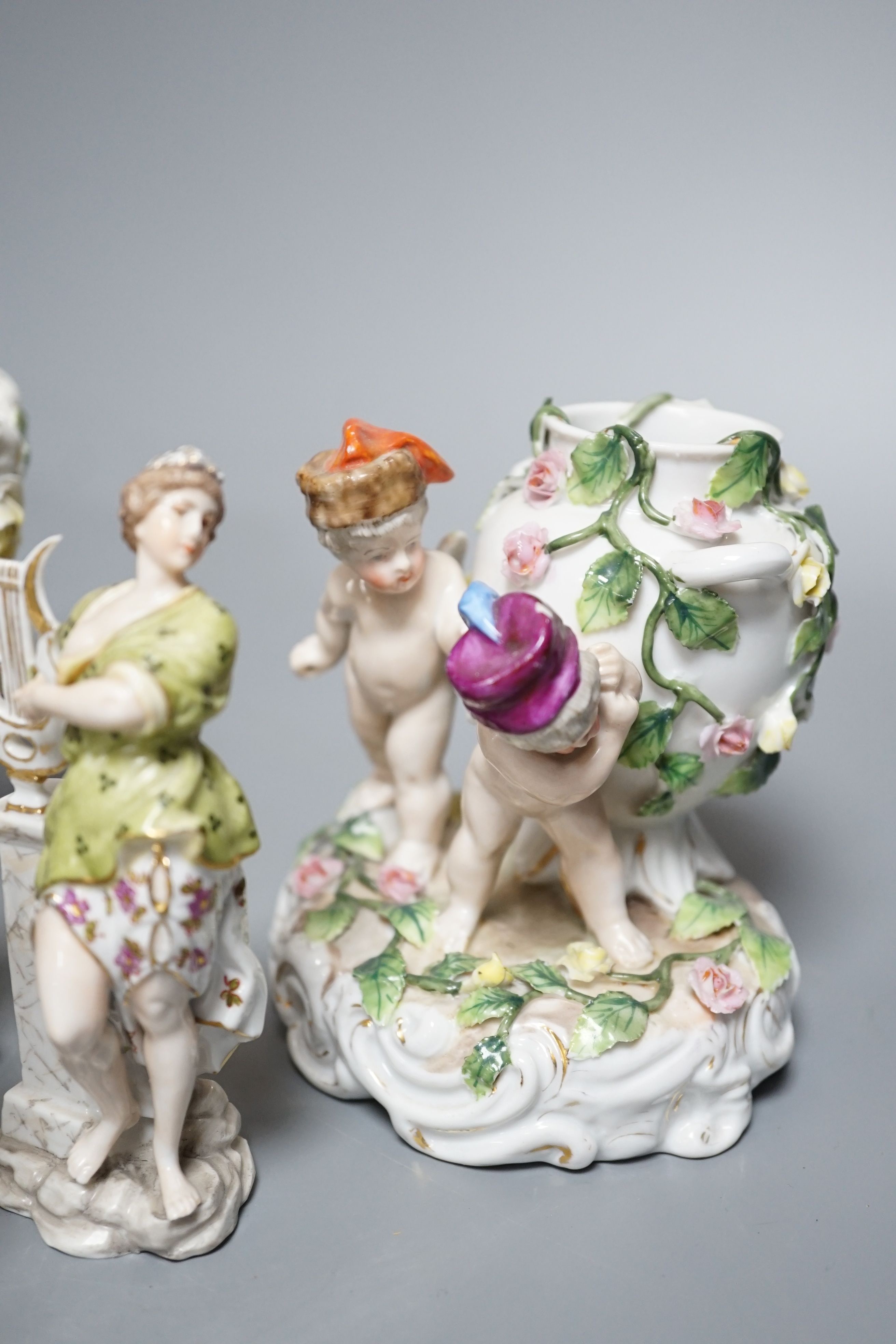 A Sitzendorf porcelain basket, 24cm, Sitzendorf vase and a set of six Volkstedt figures - Image 6 of 9