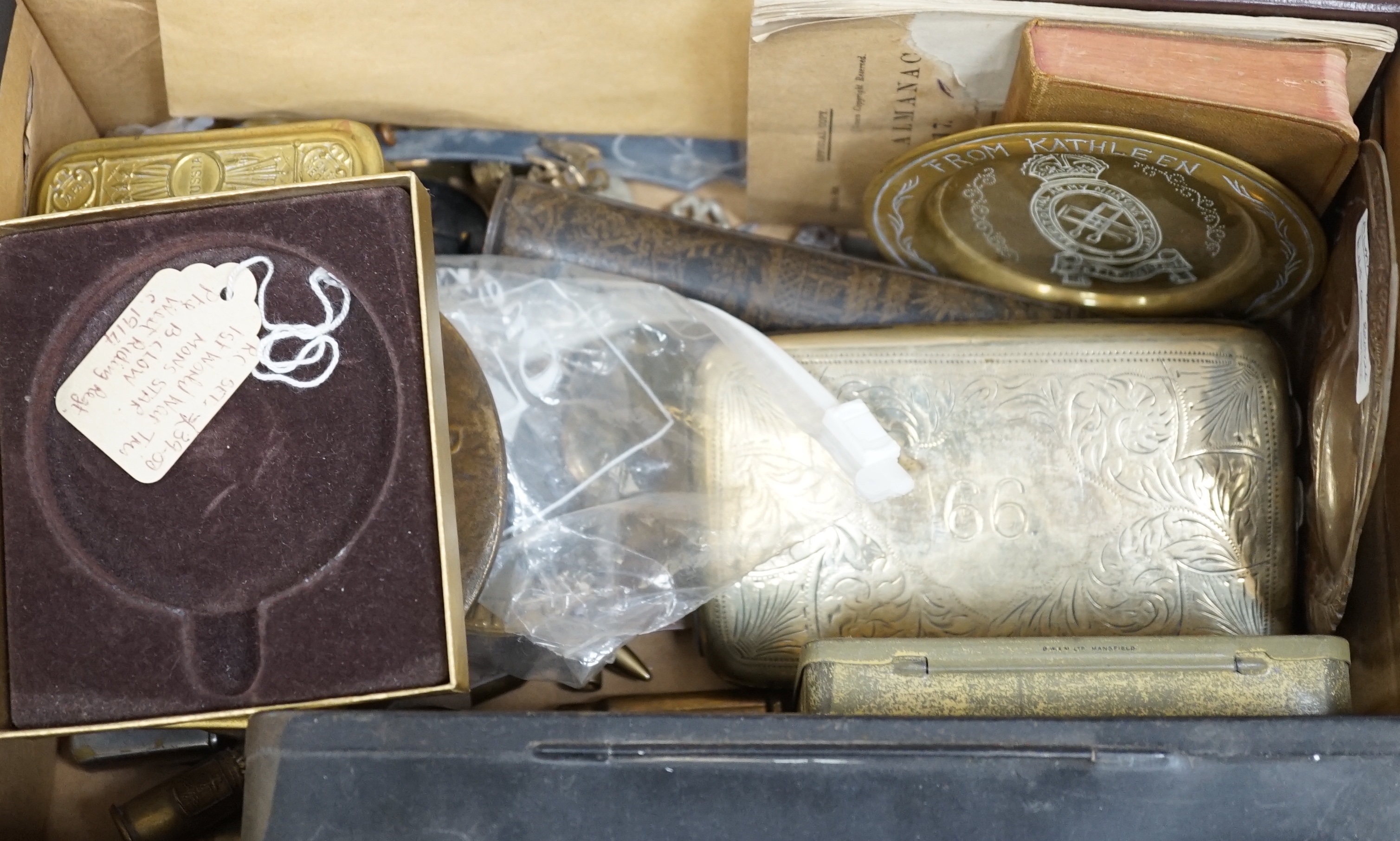 Two WWI medals, collection of cap badges and buttons, Queen Mary tobacco tin and a 66th Infantry - Image 5 of 6