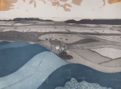 John Brunsden (1933-2014), aquatint, View from Pilsden Pen, signed and dated '77, 116/150, 45 x