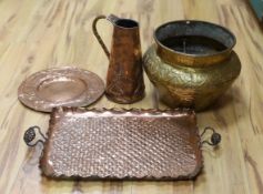 Metalware including embossed copper tray and jug, brass jardiniere, two mortars and pestle (7)