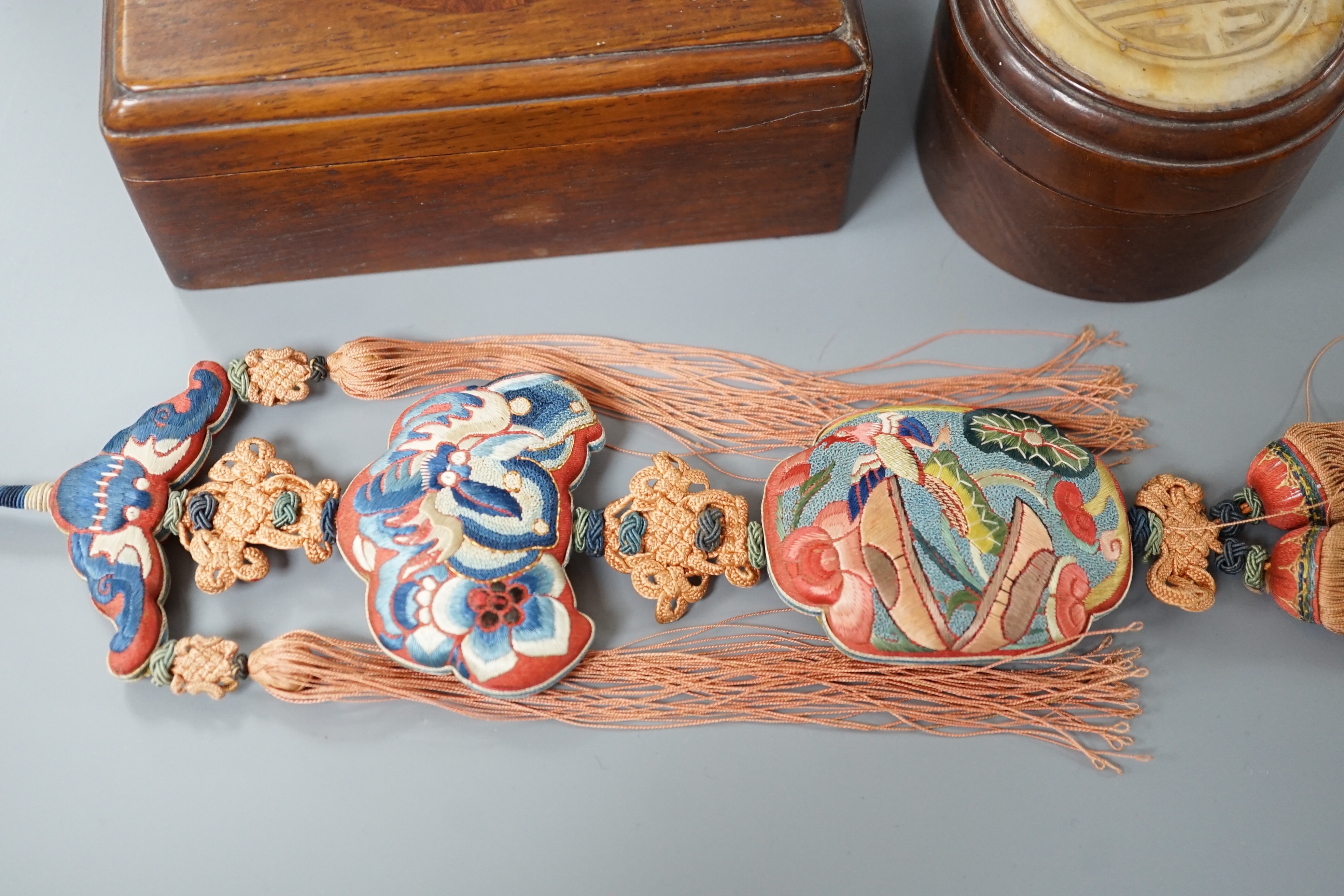 Two 19th century Chinese hardstone inset hardwood boxes and an embroidered amulet charm, largest box - Image 2 of 6