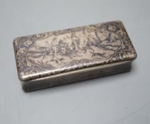 A 19th century French white metal and niello snuff box, decorated with hunting scene, 78mm.