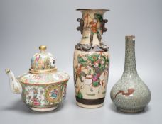 A Chinese famille rose crackleglaze vase, 29cm, together with a famille rose teapot and a