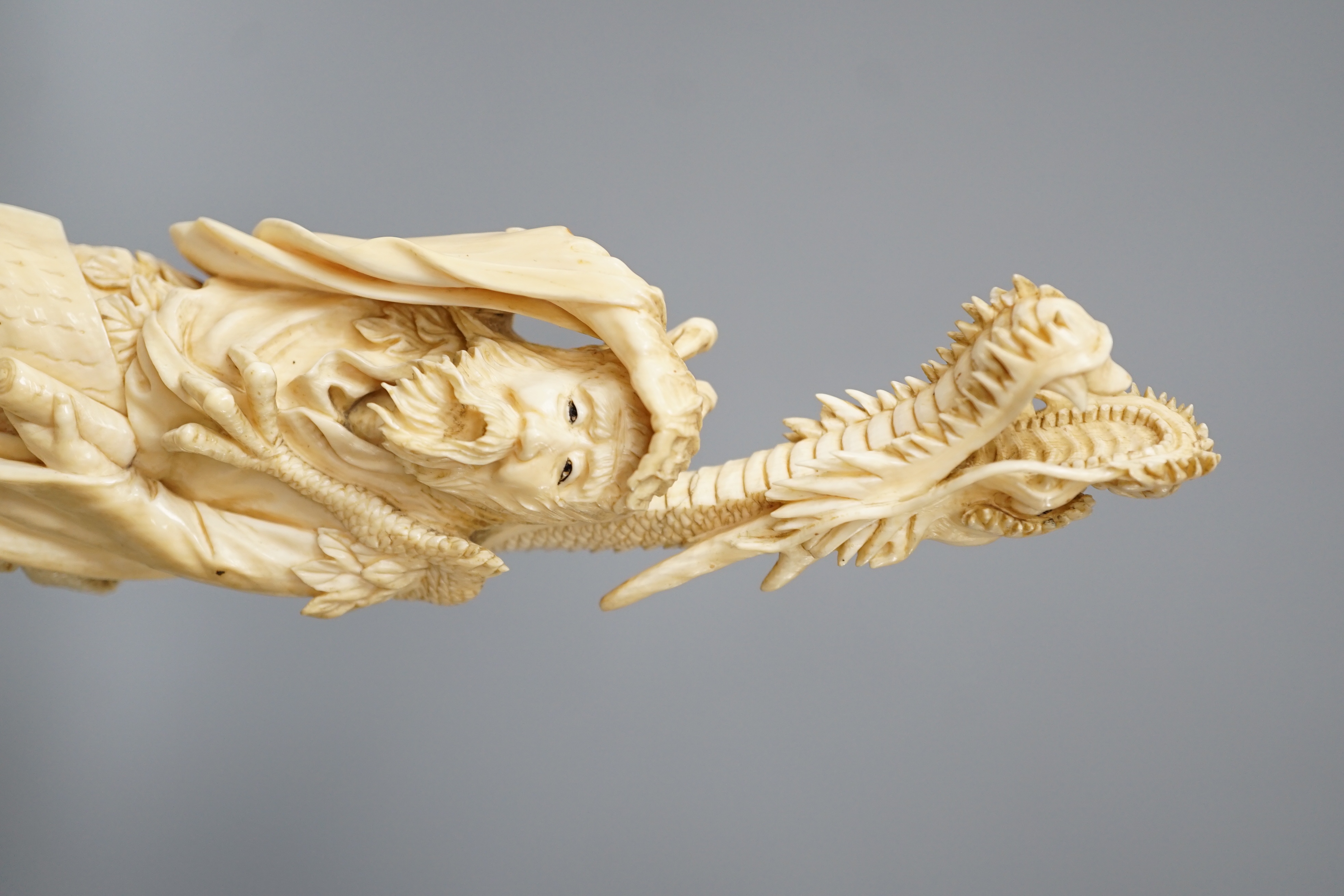 A Japanese ivory okimono of Shoshi Sennin and a dragon, early 20th century, signed, associated - Image 2 of 8