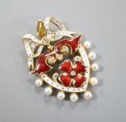 A 1960's 18ct gold, diamond, seed pearl and two colour enamel set heart shaped pendant, with