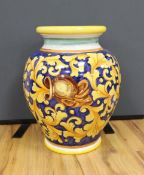 A large blue and yellow Italian Majolica style vase, marked to base - 59cm high