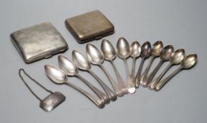Two silver cigarette cases, a Georgian silver wine label and two sets of six silver teaspoons