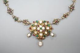 An ornate 19th century Austro-Hungarian gilt white metal, baroque pearl, paste and gem set drop