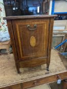 An Edwardian inlaid mahogany bedside cupboard, width 40cm, depth 37cm, height 59cm (altered)