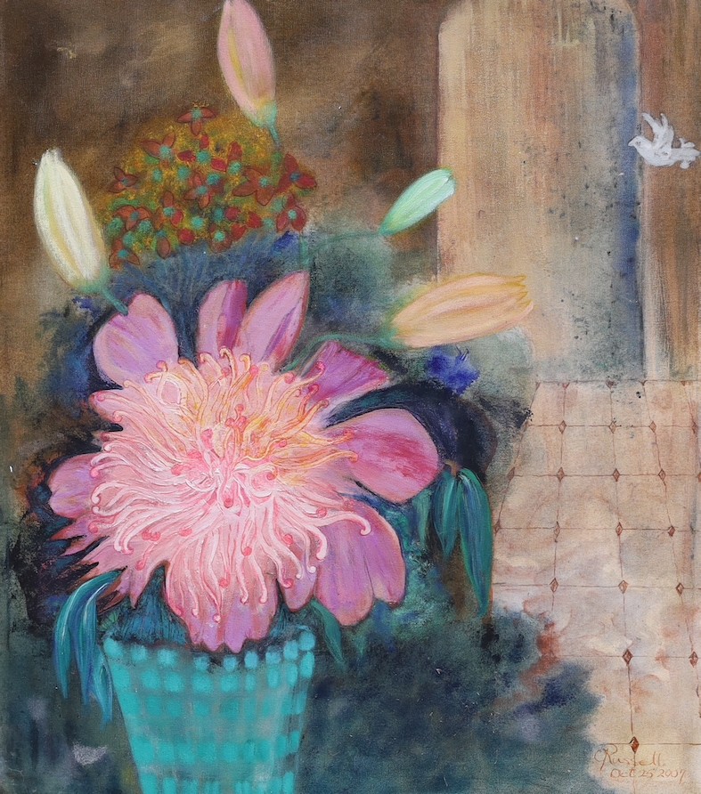 C. Russell, oil on canvas, Interior with flowering plants, signed and dated 2007, 70 x 60cm,