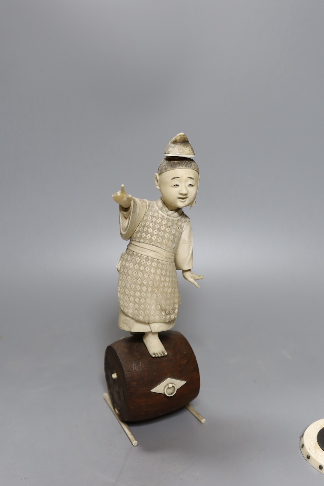 A 19th century Japanese ivory okimono, boy on a barrel with red seal to base, 24cm, together with - Image 2 of 4