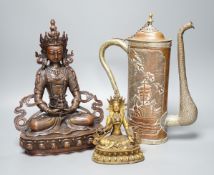 A Tibetan copper and brass ewer, together with a gilt-metal bodhisattva and another bronze