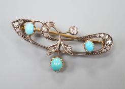 A late Victorian yellow metal, turquoise and diamond set openwork scroll brooch, 40mm, gross