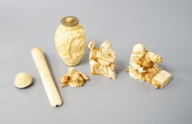 A group of Japanese ivory carvings including cheroot holder, snuff bottle, okimonos (5)