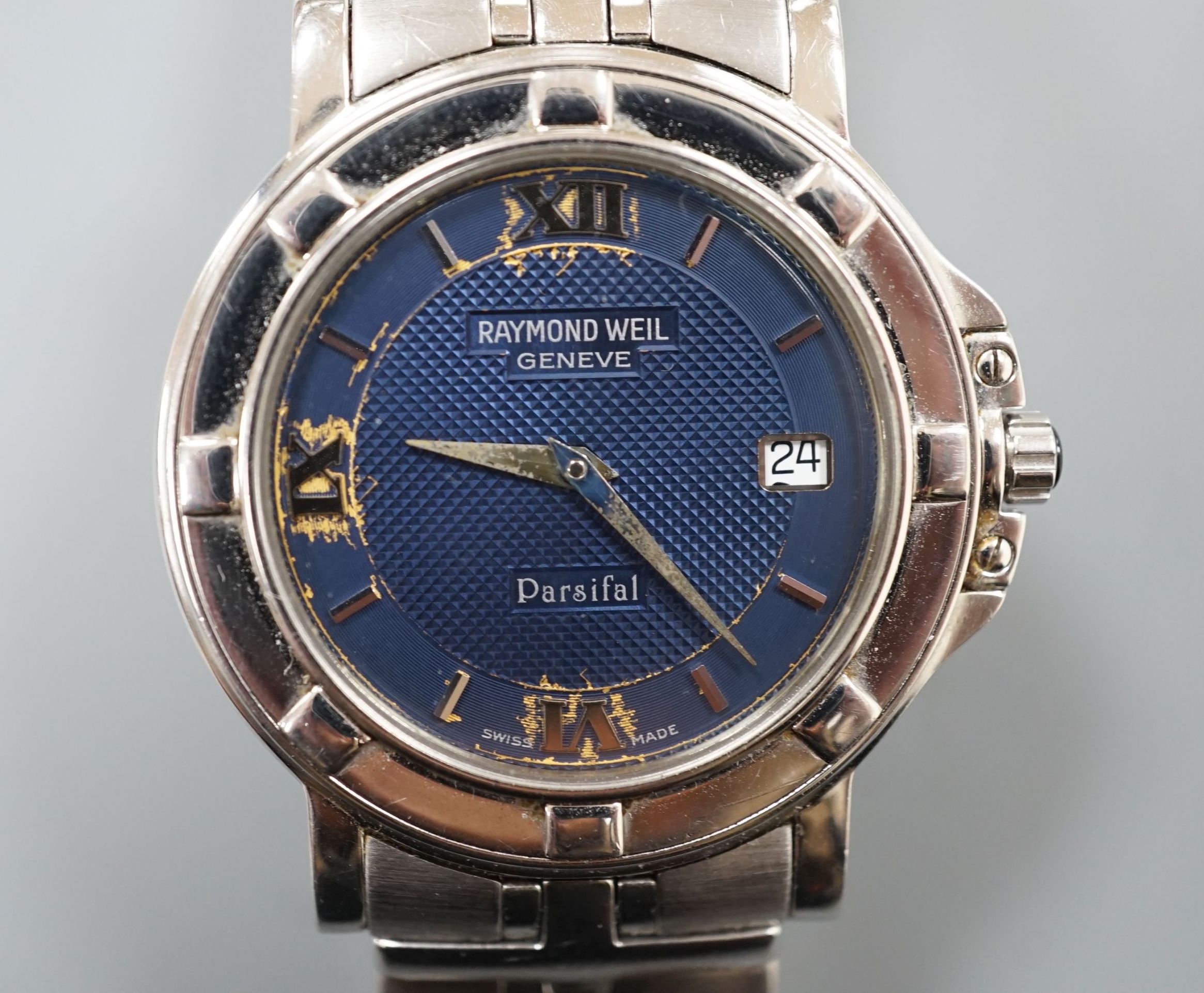 A gentleman's stainless steel Raymond Weil Parsifal quartz wristwatch, no box or papers.