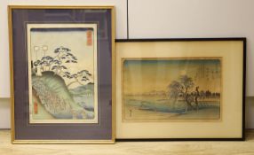 Hiroshige, two woodblock prints, Journey along the Tokaido made by Shogun Lemochi, 34 x 24cm and