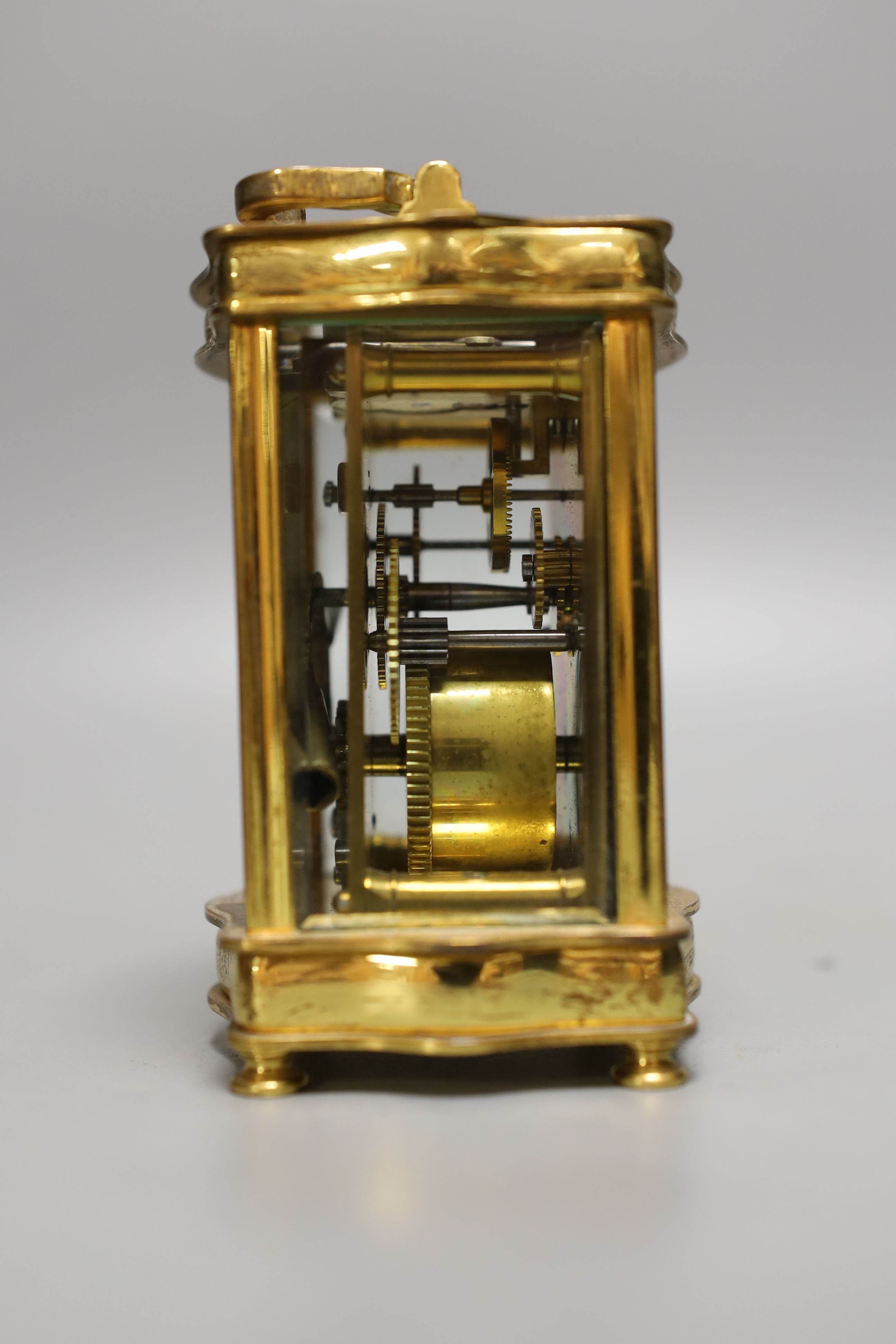 A French brass cased carriage timepiece with case. 11cm - Image 4 of 5