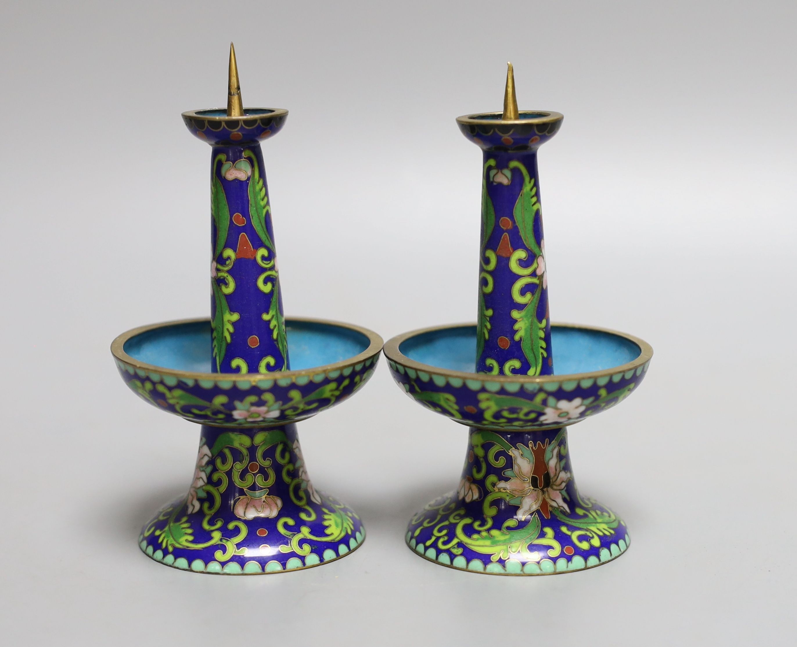 A pair of blue cloisonne pricket candlesticks - 12cm tall - Image 2 of 3