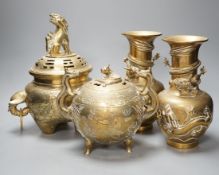 A pair of Chinese brass dragon vases, 26cm, together with two similar incense burners, tallest