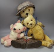 Three Chiltern Bears One Dressed in Hiking Clothes 43cm And a Pink Synthetic 28cm Also 1930's Bear