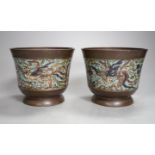 A pair of Japanese bronze and champleve enamel pots - 12cm tall