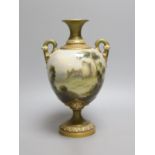 A Royal Worcester two handled vase painted with Caerphilly Castle by C. Johnson, c.1912, 21.5cm