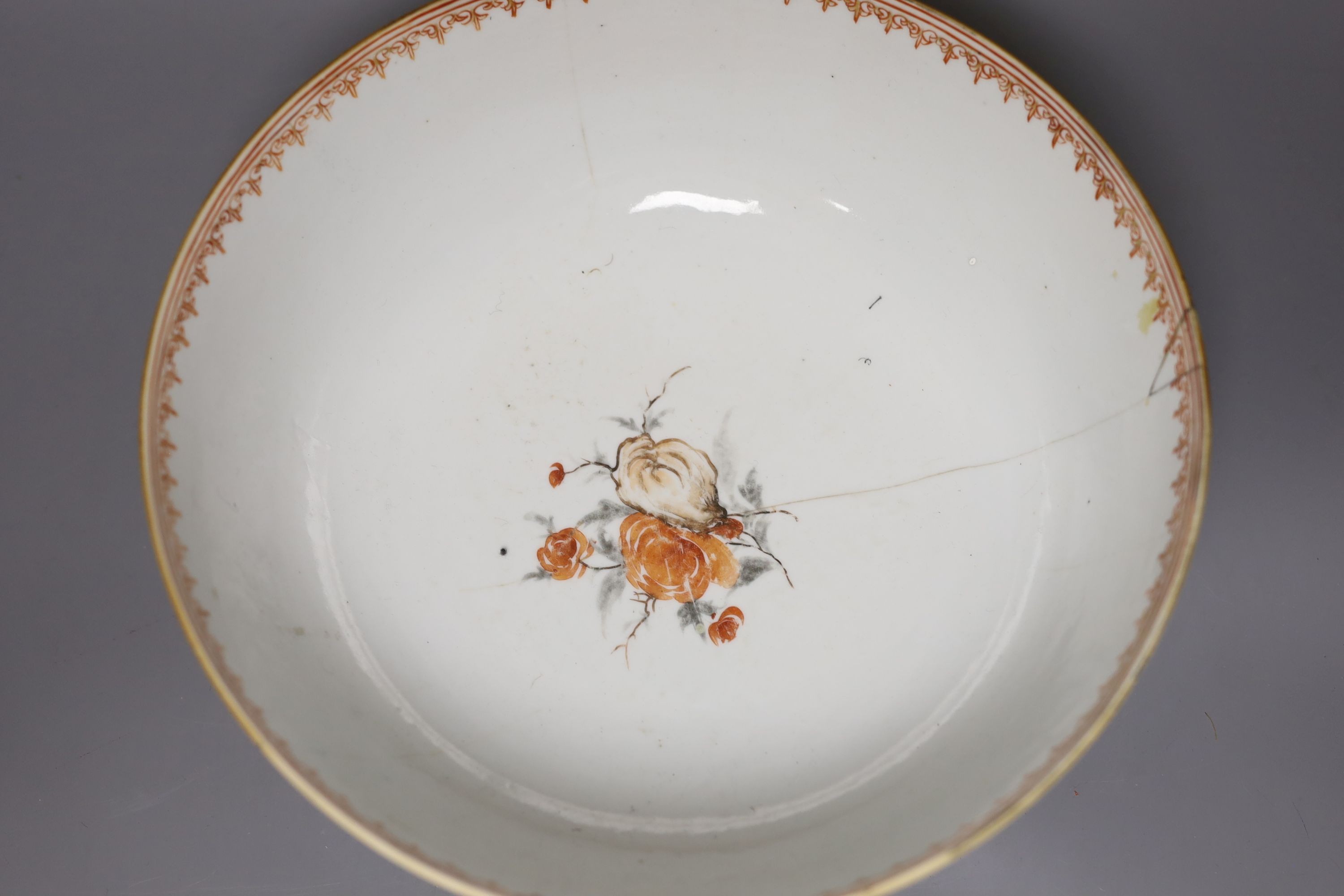 An 18th century Chinese export famille rose punch bowl (with historic damage and riveted repair) - Image 3 of 4