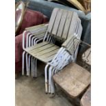 A set of six weathered teak and wrought iron stacking garden chairs, width 61cm, depth 54cm,