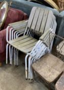 A set of six weathered teak and wrought iron stacking garden chairs, width 61cm, depth 54cm,