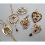 Three early 20th century yellow metal and gem set drop pendants, including two stamped 9ct and two