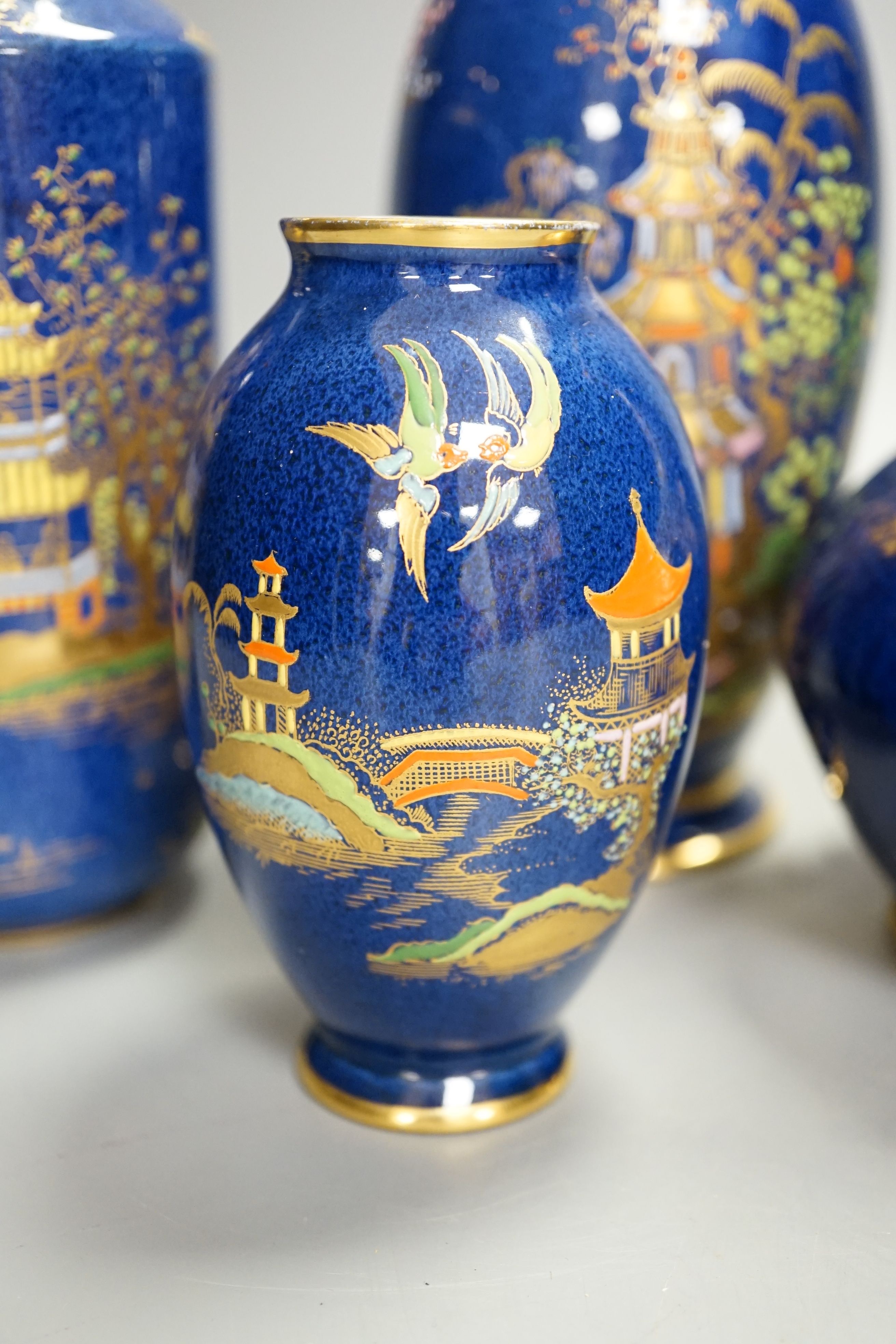 A group of Carlton ware blue ground chinoiserie lustre vases, tallest 18cm (5) - Image 4 of 7
