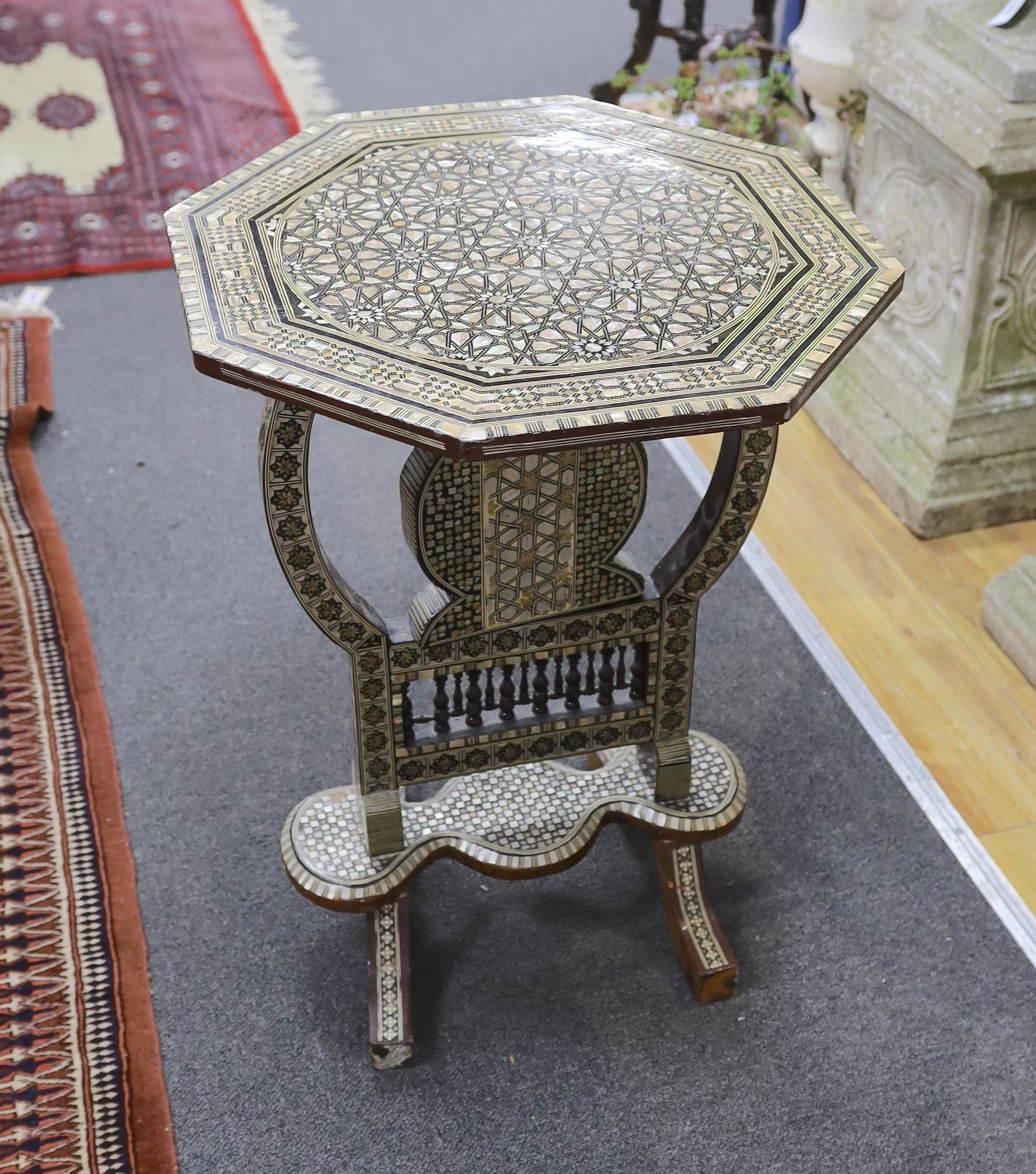 A Damascusware and mother of pearl inlaid octagonal tilt top table, width 50cm, height 66cm - Image 2 of 2