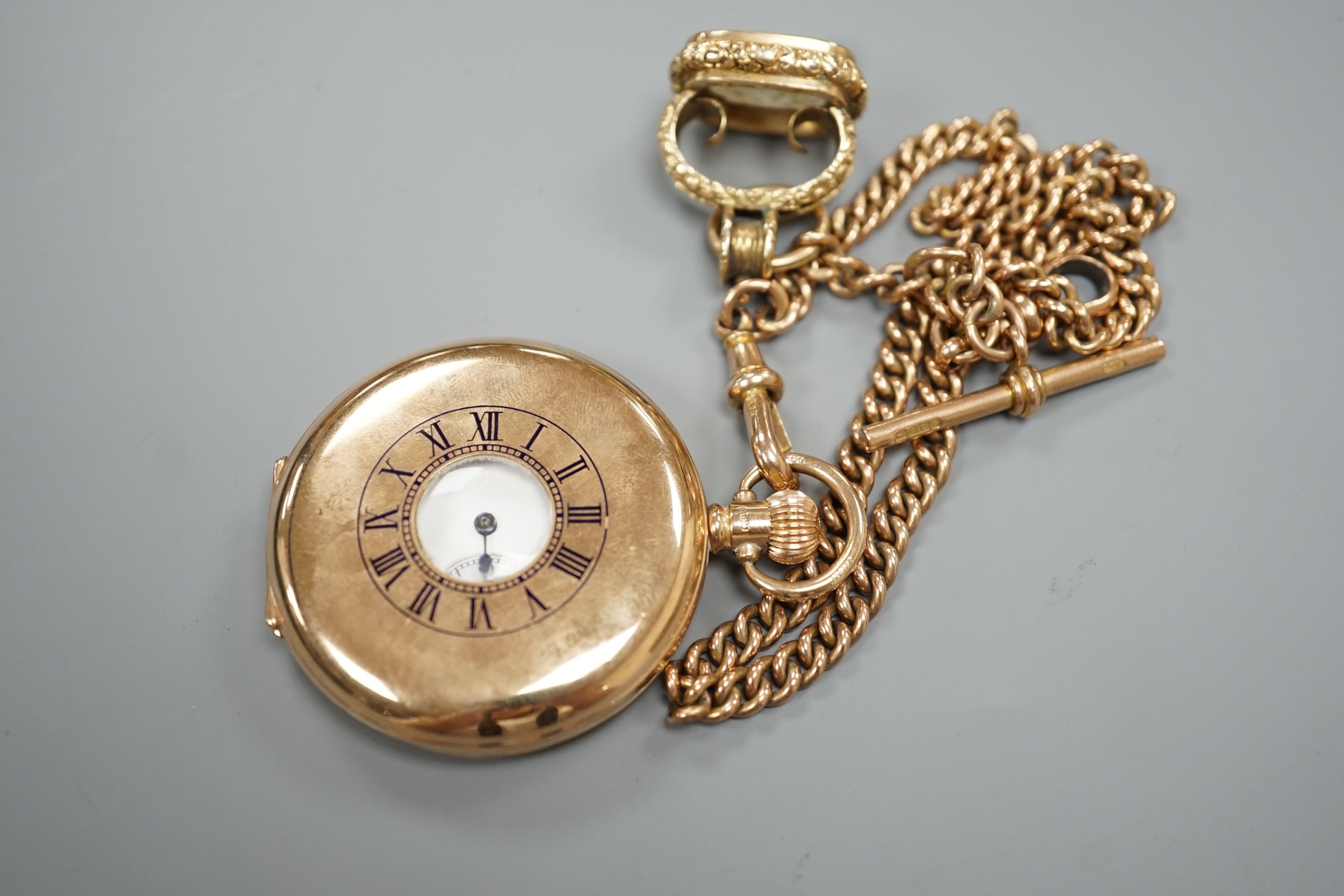 A 1920's 9ct gold Waltham keyless half hunter pocket watch, on a 9ct gold albert, hung with a - Image 5 of 5