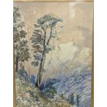 Late 19th century Indian School, watercolour depicting mountainous landscape, initialled MJP and
