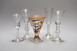Four 18th century drinking glasses and a Bohemian Historismus enamelled wine glass (5) tallest 18cm