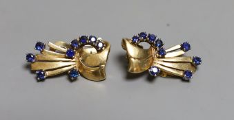 A stylish pair of mid 20th century yellow metal and sapphire cluster set fan shaped ear clips, 27mm,