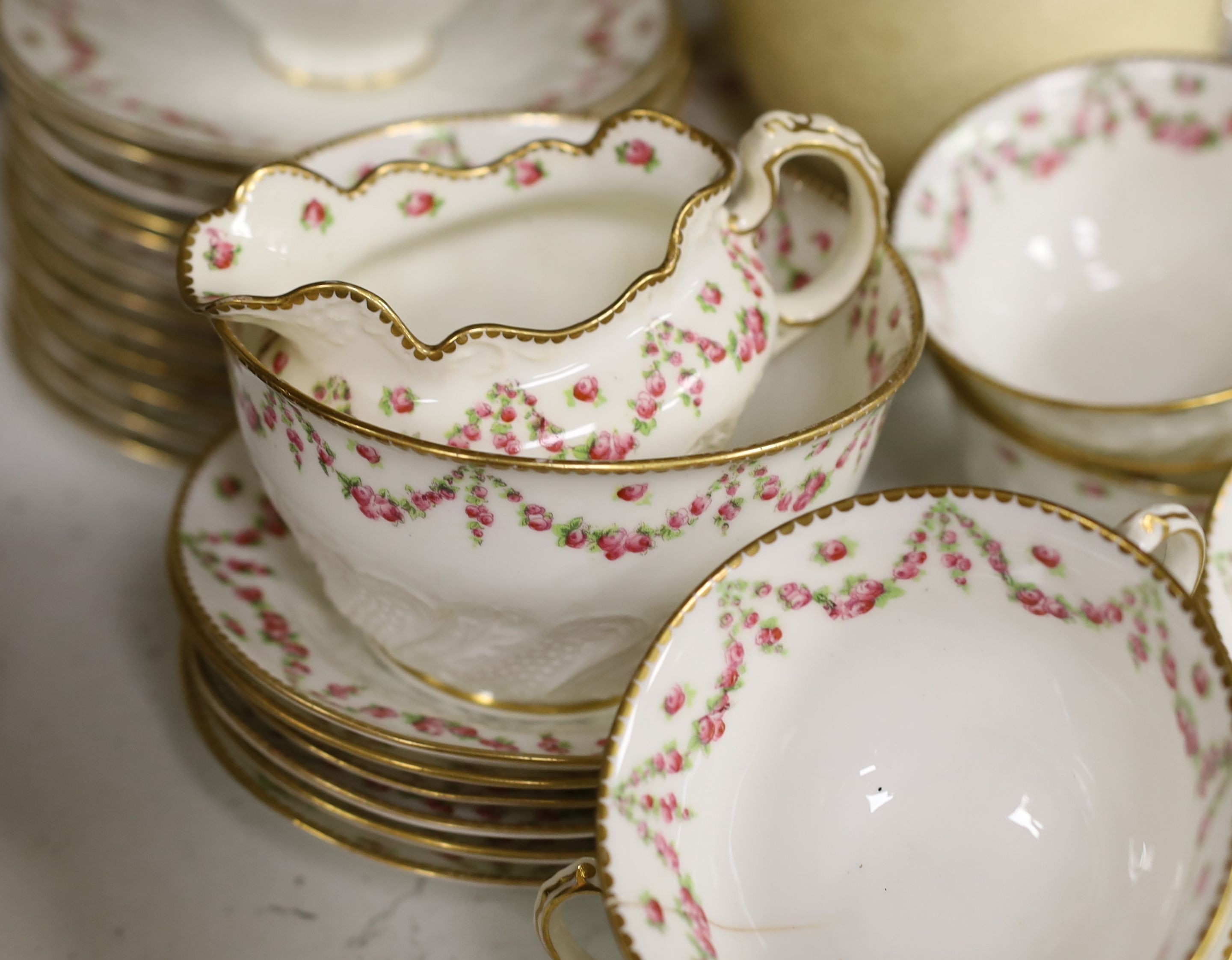 A Chinese famille rose pot and cover, a part Crescent China tea set and a small quantity of tea - Image 6 of 6