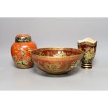 Carlton ware chinoiserie lustre red ground dragon bowl, Rouge Royale vase and similar jar and