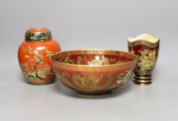 Carlton ware chinoiserie lustre red ground dragon bowl, Rouge Royale vase and similar jar and